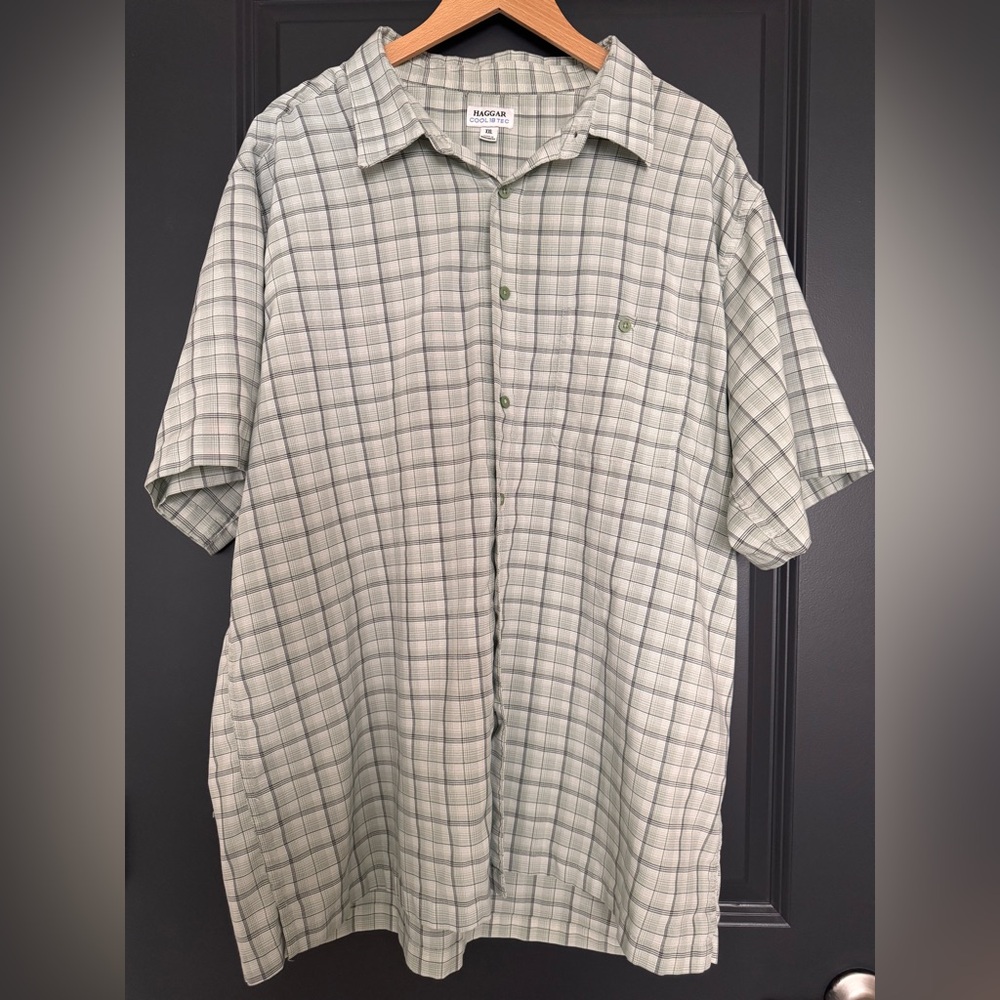 Haggar Cool 18 Button Down Shirt XL Green Plaid Short Sleeve Performance